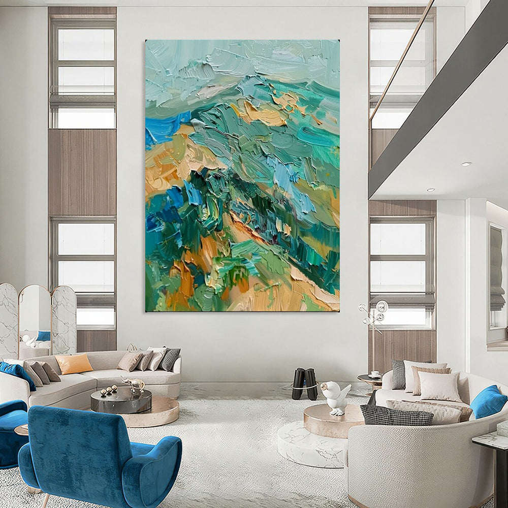 “Textured Green & Blue Mountainscape” – Impasto Landscape Painting On Canvas CT2120