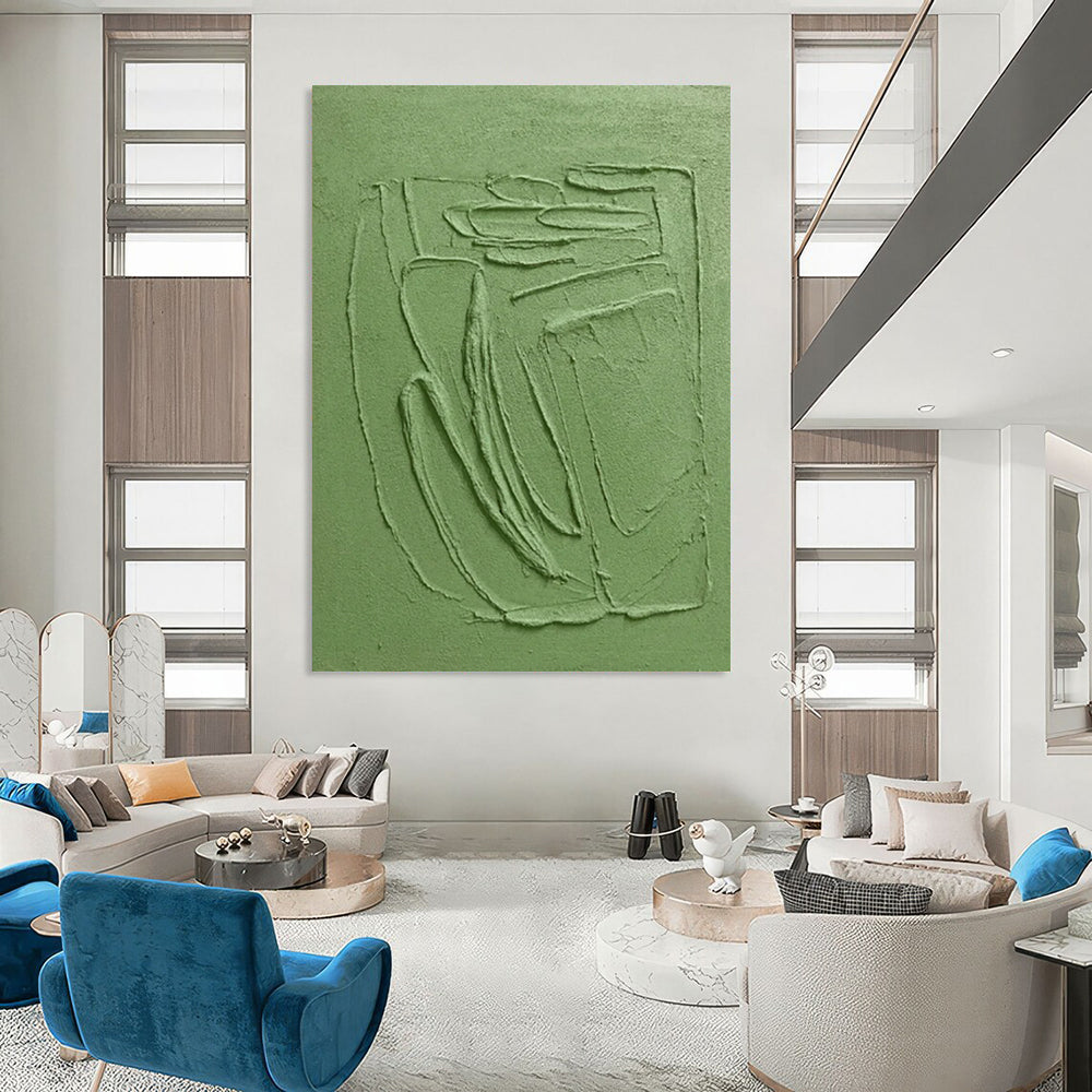 Green Textured Relief - Minimalist Textured Sculptural Painting On Canvas CT2281