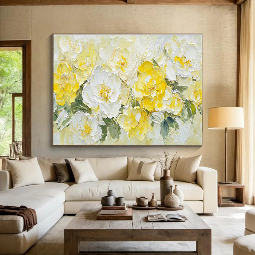 “Sunny Blooms” - Yellow, White Floral Impasto Painting On Canvas DKH696