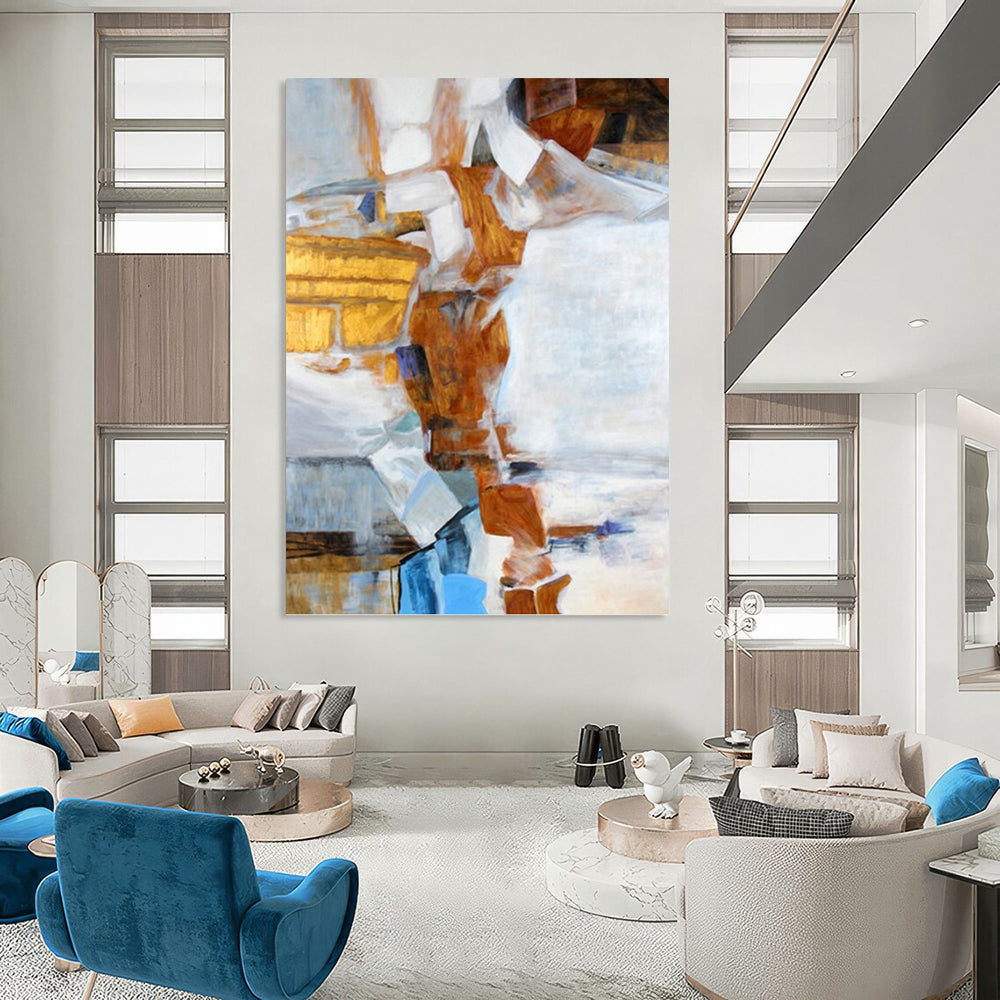 “Geometric Collage in Warm Tones” - Brown, White & Blue Cubist - Style Painting On Canvas DKH0937