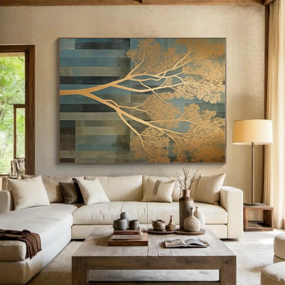 “Gold - Blue Abstract Tree” ,Abstract Acrylic Painting CT0827