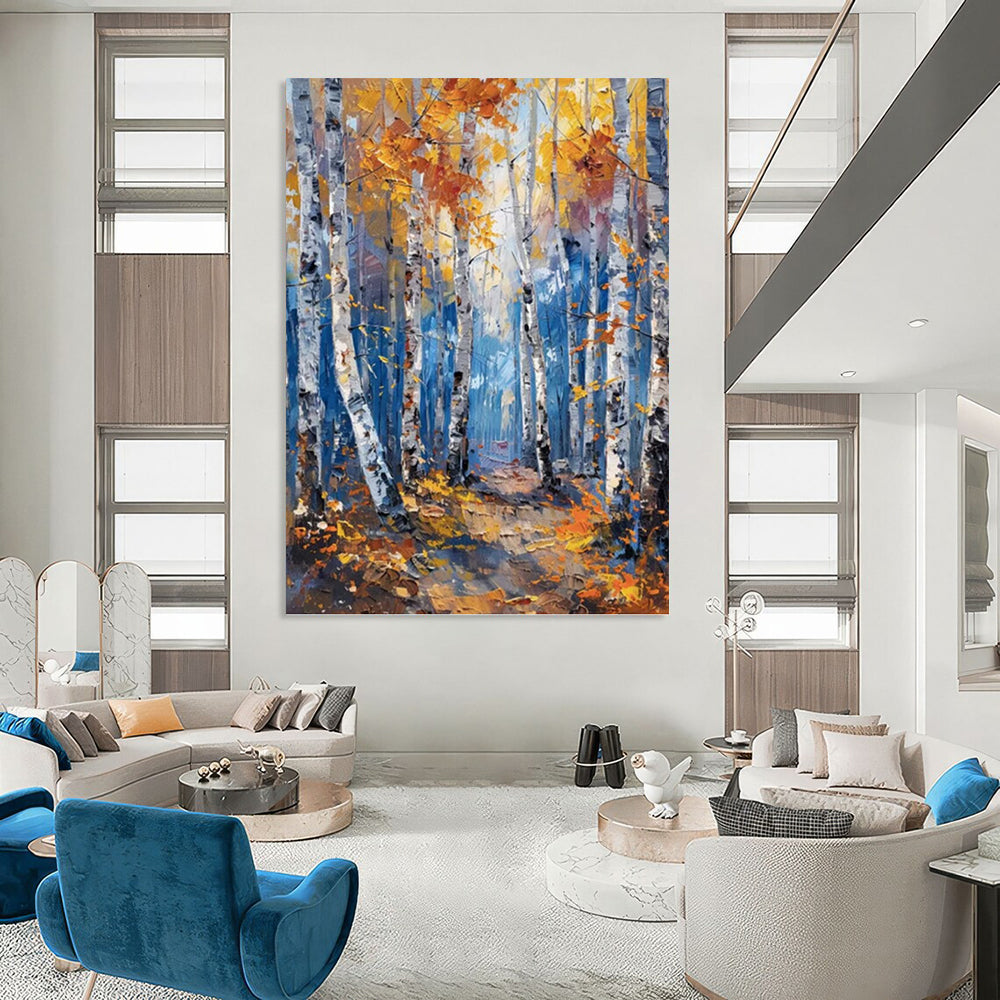 Autumn Birch Forest in Gold and Blue - Landscape Painting On Canvas DKH1406