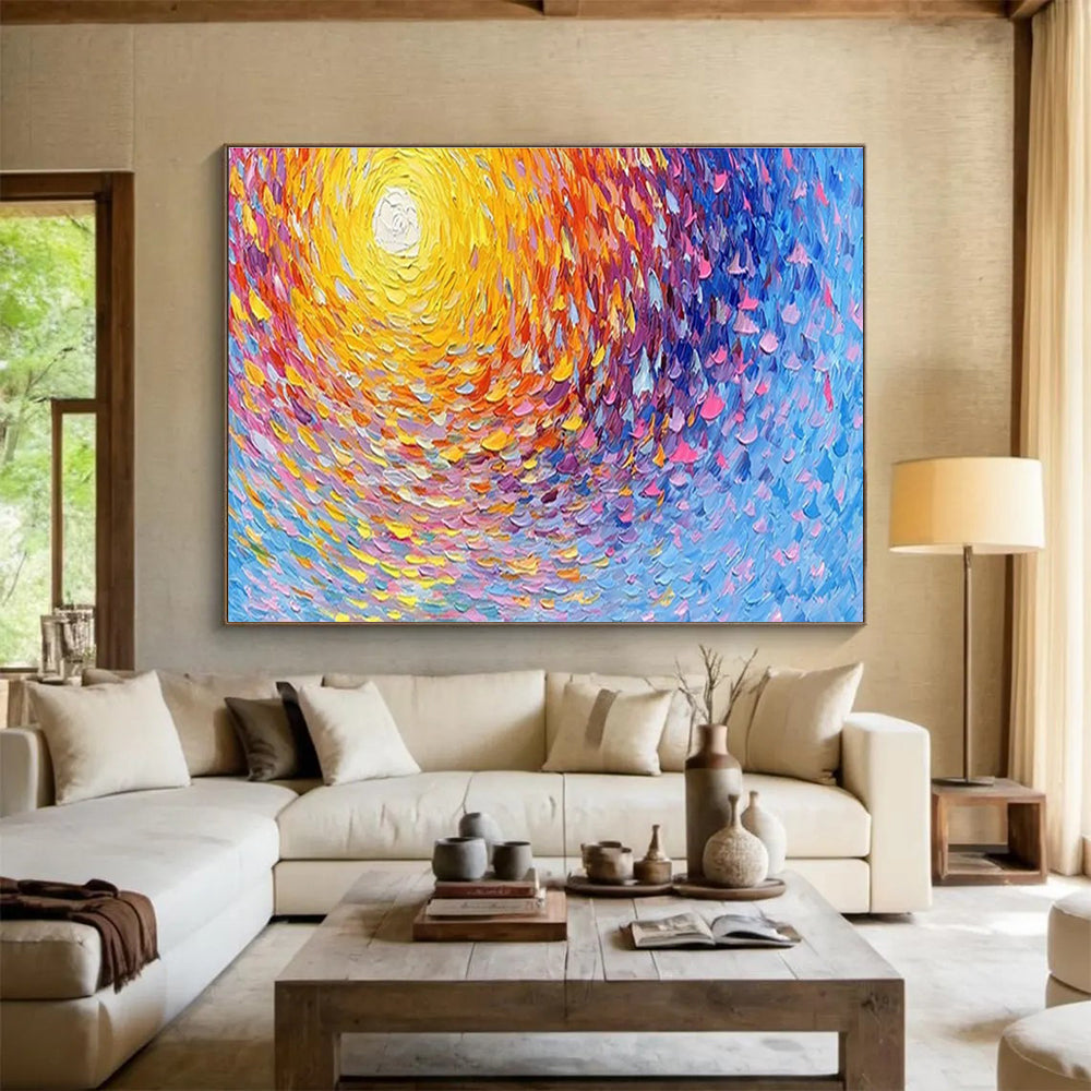 Colorful Spiral Sun - Yellow, Orange & Blue Abstract Painting On Canvas DKH881