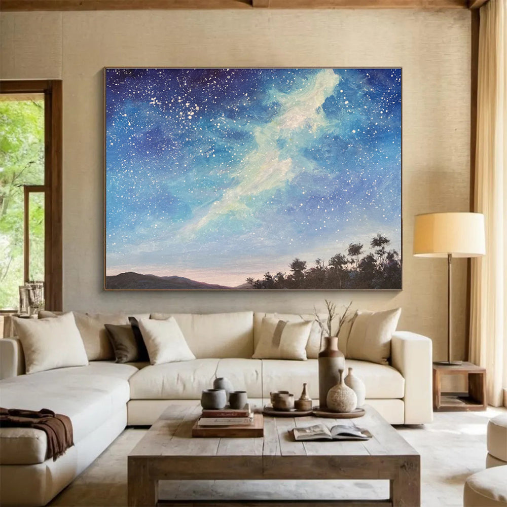Deep Blue Starry Sky and Silhouetted Trees “Celestial Forest Vistas” Painting On Canvas DKH114