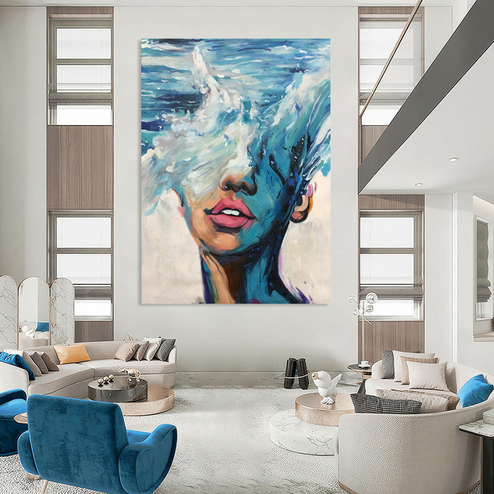“Blue, White, Pink Ocean Face ‘Sea of Self’” - Impasto Figurative Painting On Canvas DTP347