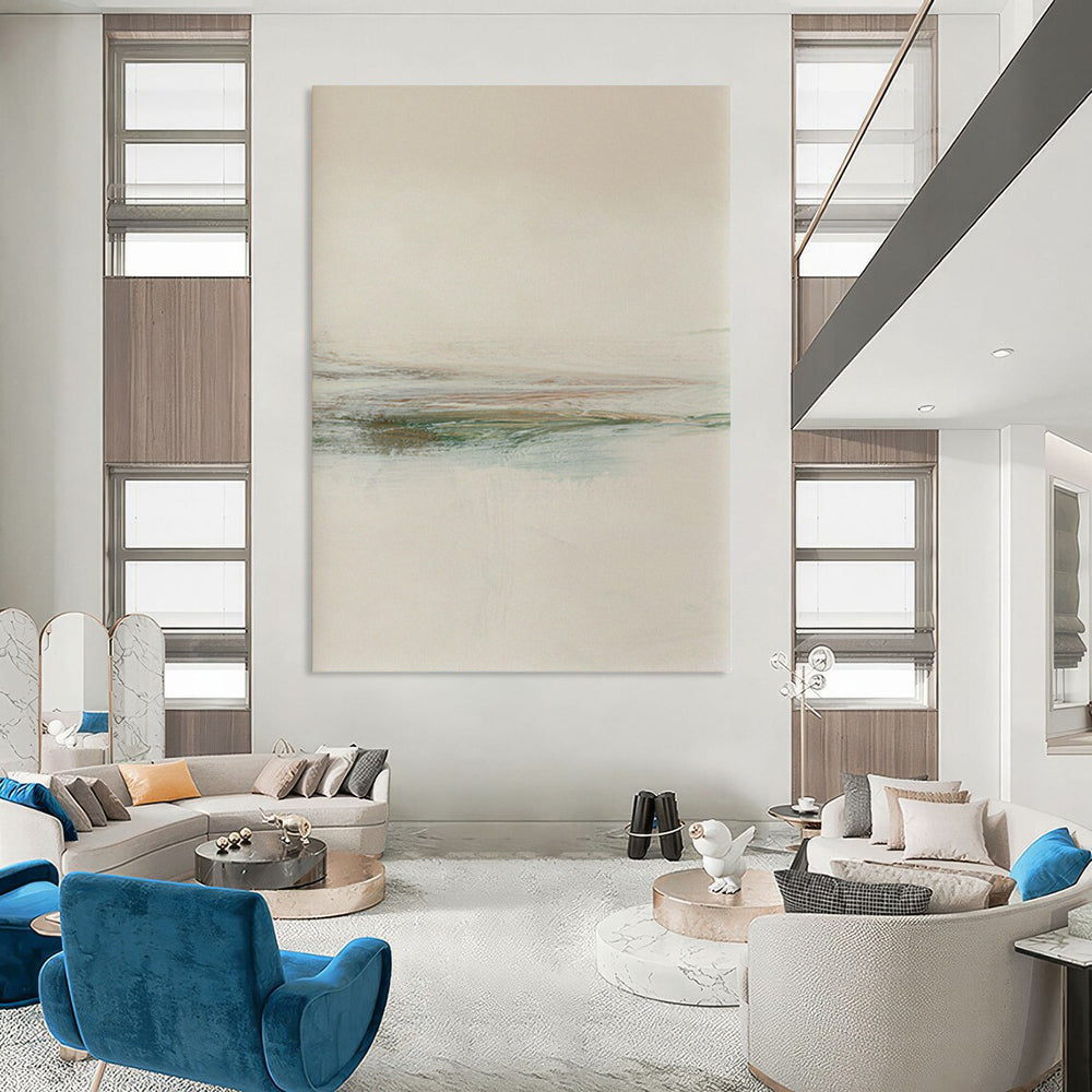 “Minimalist Coastal Stripes” - Beige, Blue, Green Abstract Landscape Painting On Canvas DTP226