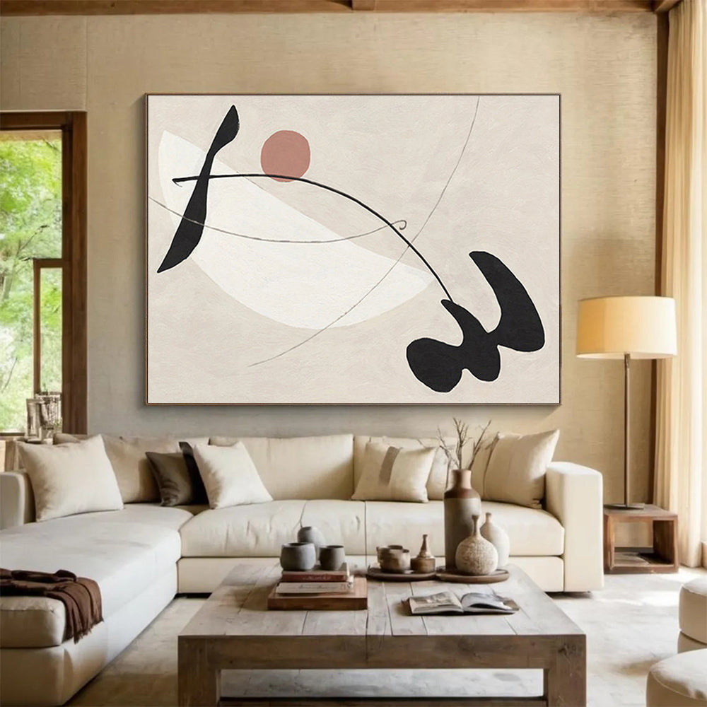 “Curved Shapes in Neutral Tones” - Black, White, Pink Minimalist Abstract Painting On Canvas DKH738