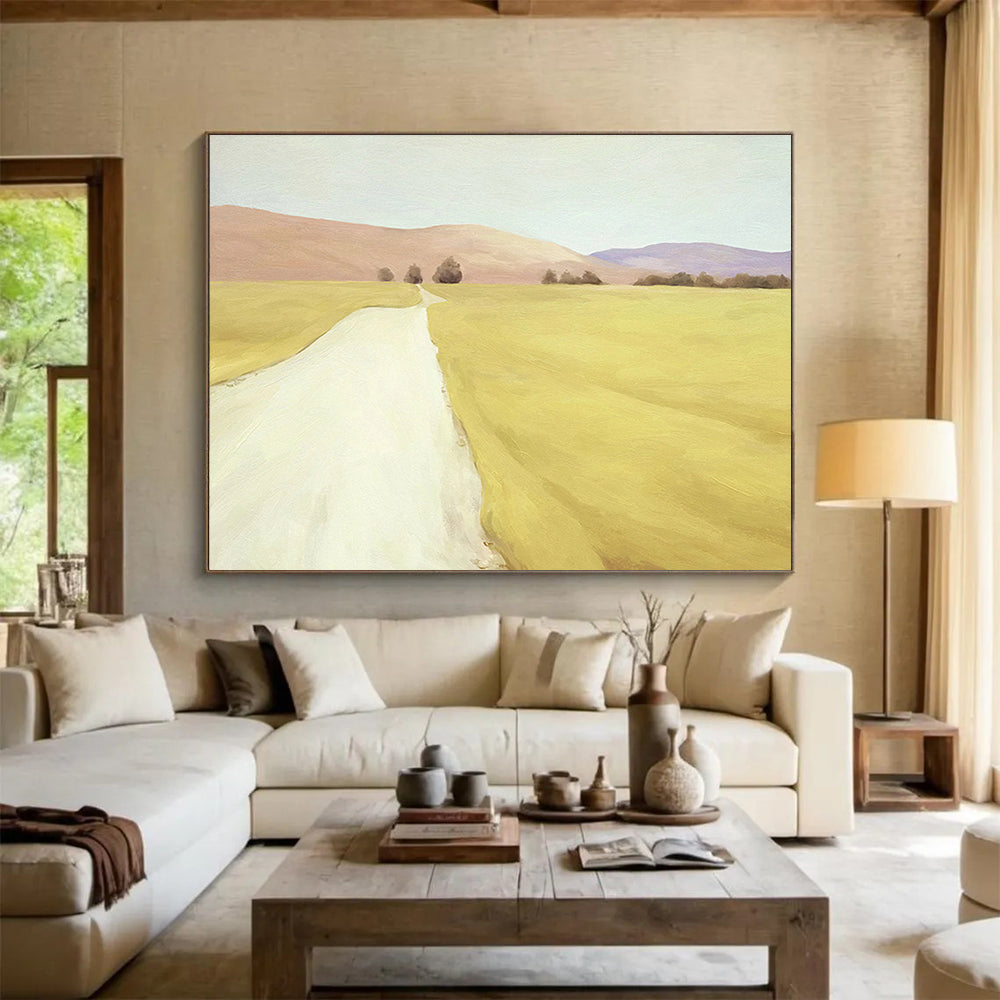 “Golden Path to Distant Hills” - Yellow, Beige, Purple Realistic Landscape Painting On Canvas DKH742