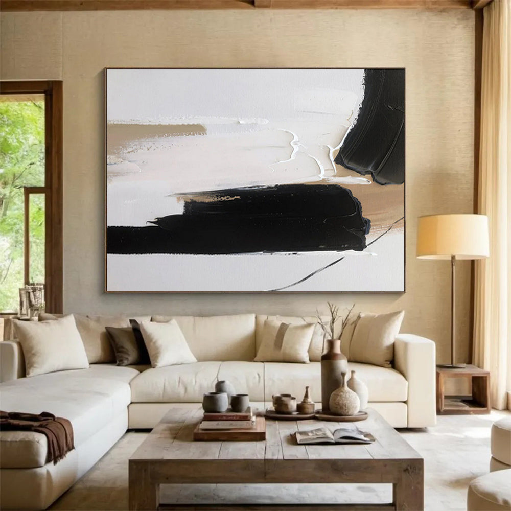 Contrasting Black and Beige Abstract Painting On Canvas DKH315