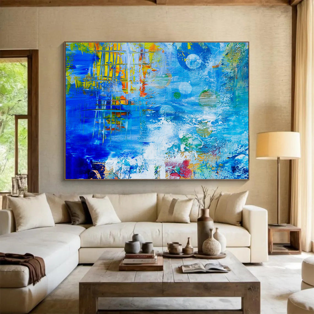 “Blue Abstract with Colorful Elements” Abstract Expressionist Painting On Canvas DKH439