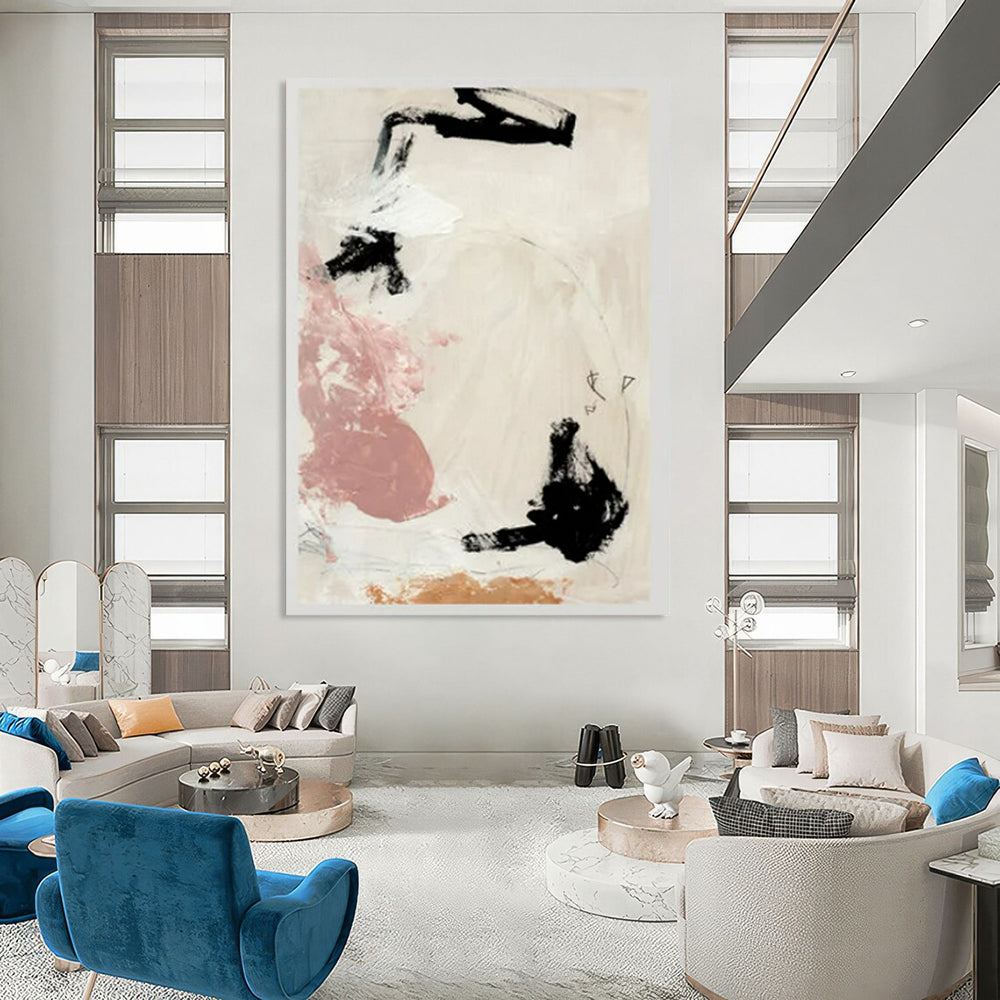 “Black, Pink & Earth - Tone Abstract Forms” - Abstract Painting On Canvas CT2316