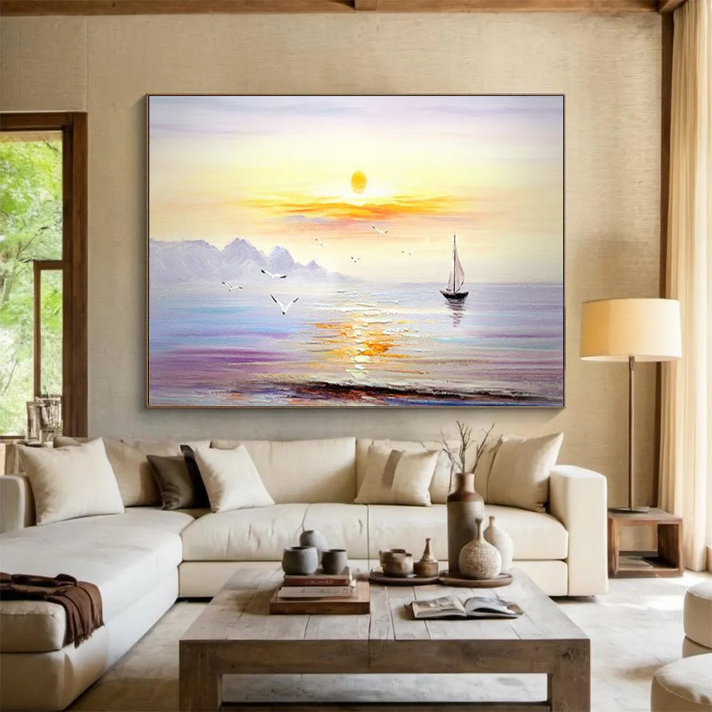 Sunset Sea Sailboat - Impressionist Seascape Painting On Canvas DLZ181