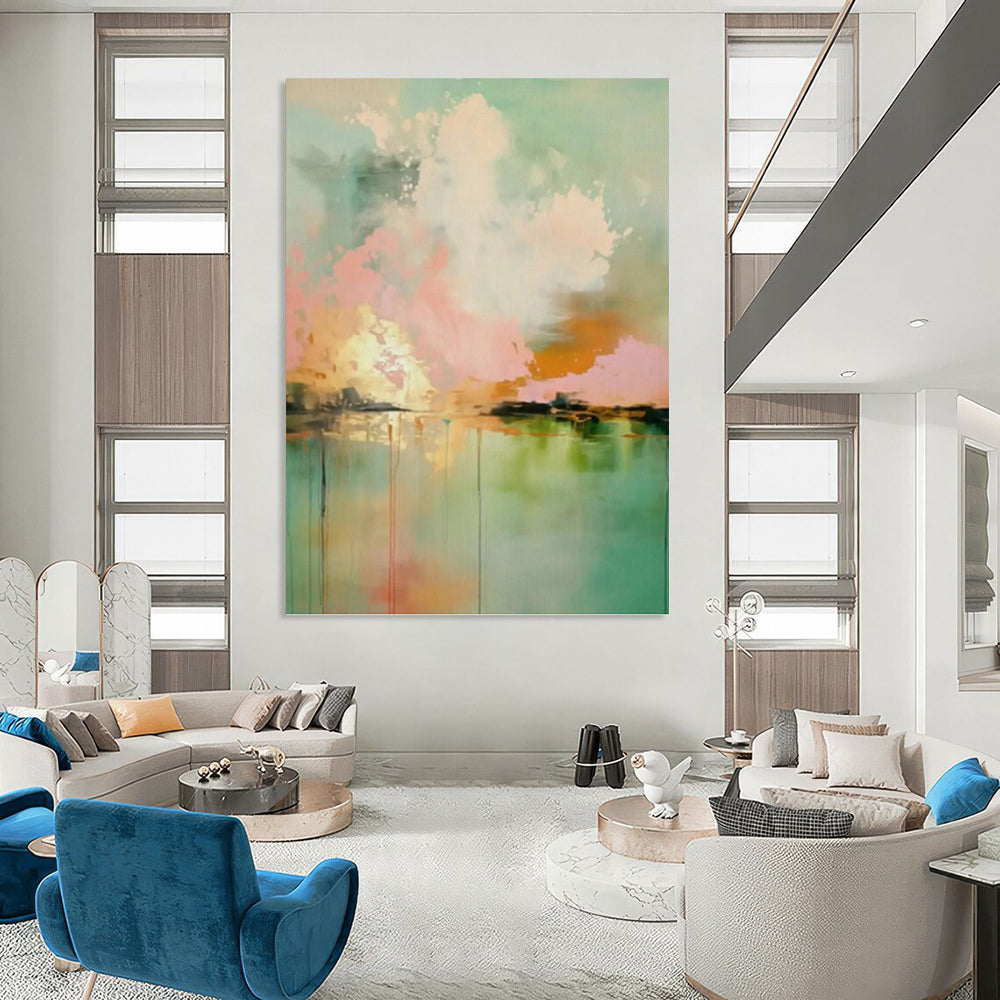 “Teal, Pink & Orange Abstract Sky Reflection” Painting On Canvas DKH0994