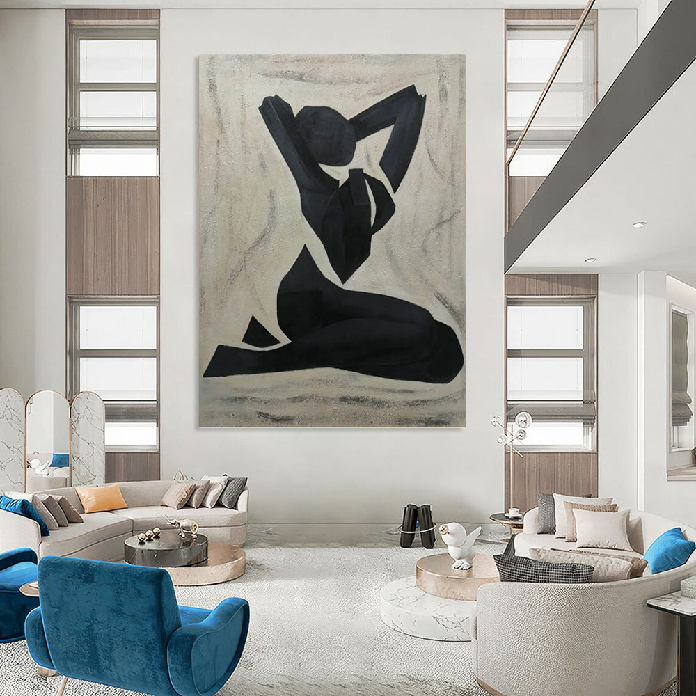 “Abstract Figure” - Black and White Minimalist Figure Painting On Canvas DKH1565