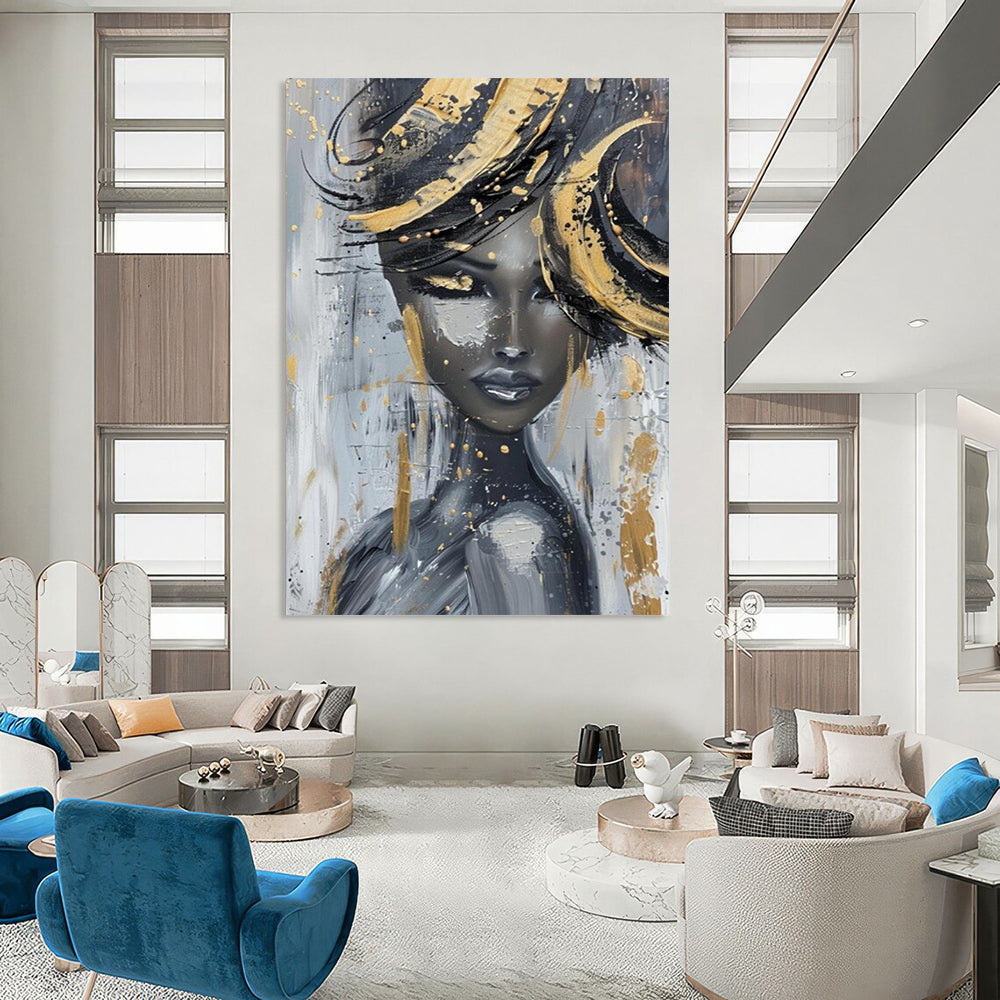 “Glamorous Gold - Accented Lady” - Gray, Black & Gold Abstract Figure Painting On Canvas CT2196