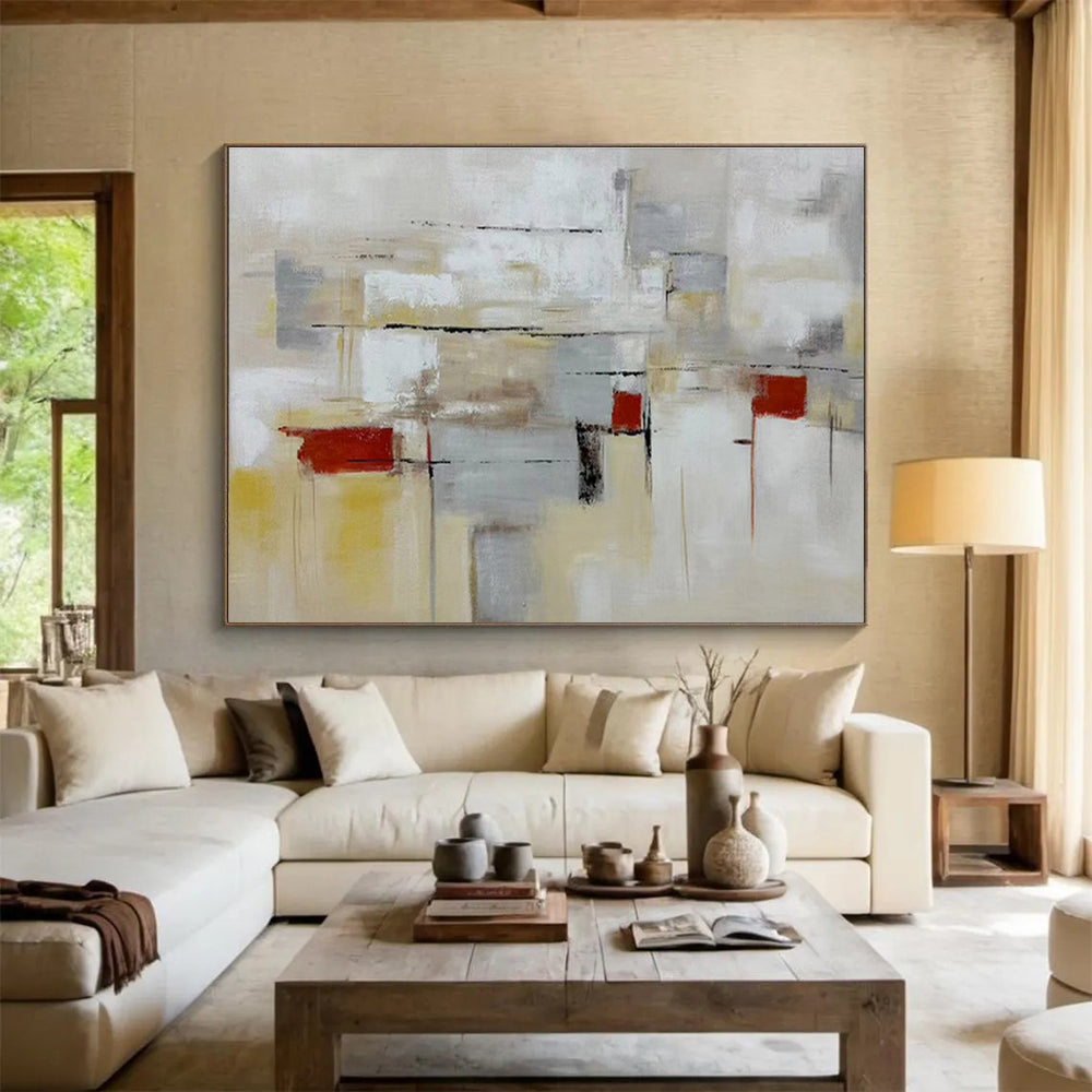 “Neutral Tones Abstract Geometry” - Beige, Gray, Red Minimalist Abstract Painting On Canvas DKH750