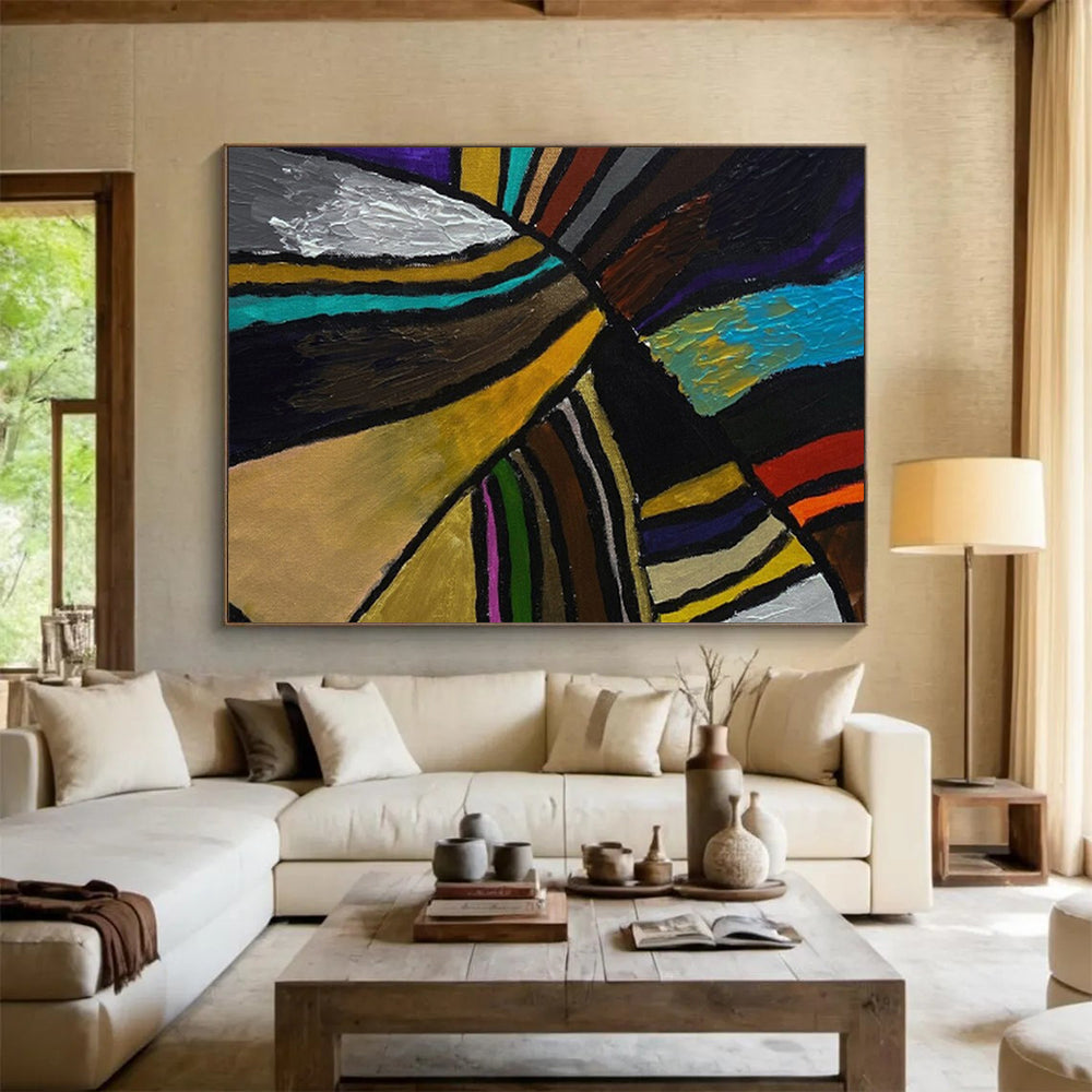 “Colorful Geometric Fusion - Bold Stripes in Various Hues” Painting On Canvas DKH013