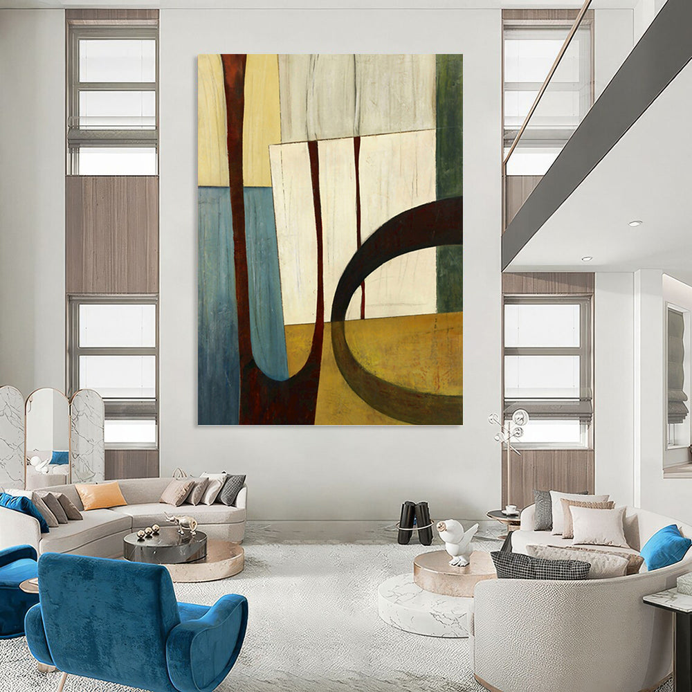 “Geometric Shapes in Earth Tones” - Brown, Beige & Blue Cubist - Inspired Painting On Canvas DKH0949