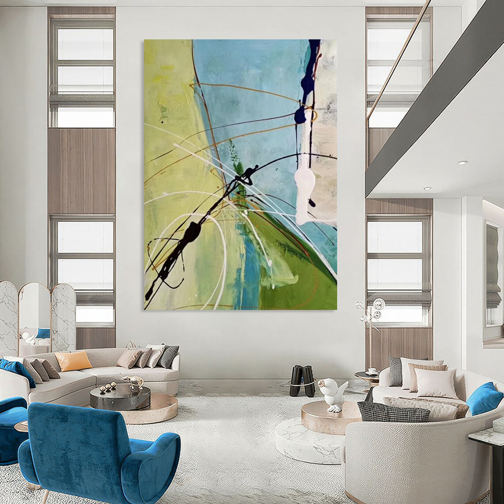 Green, Blue, White & Brown Linear Interplay - Abstract Painting On Canvas CT2307