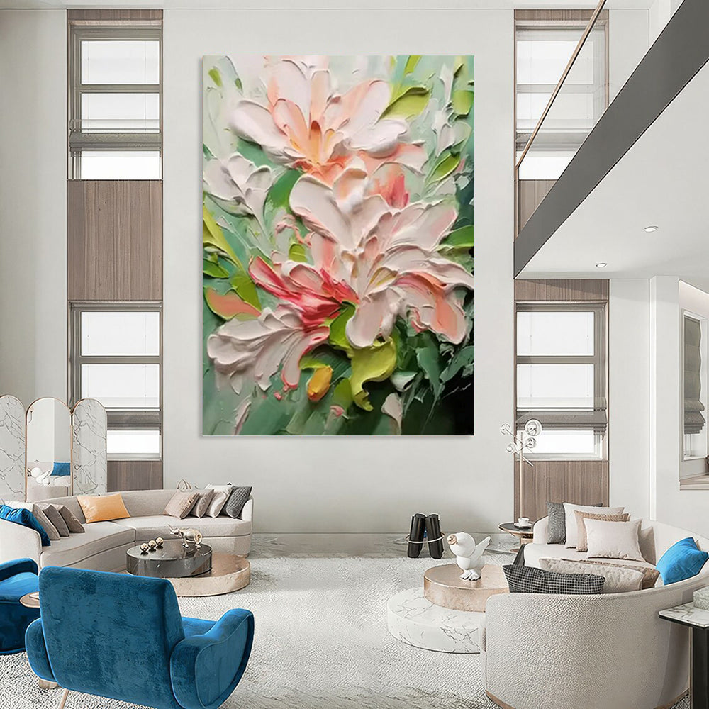 Pink and Green Floral Impasto - Textured Flower Painting On Canvas DKH1396
