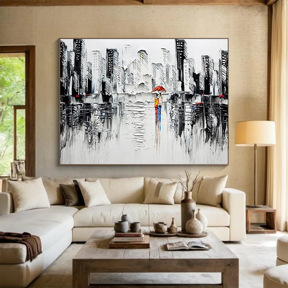 Monochrome City Stroll - Gray, White & Red Urban Painting On Canvas DKH895