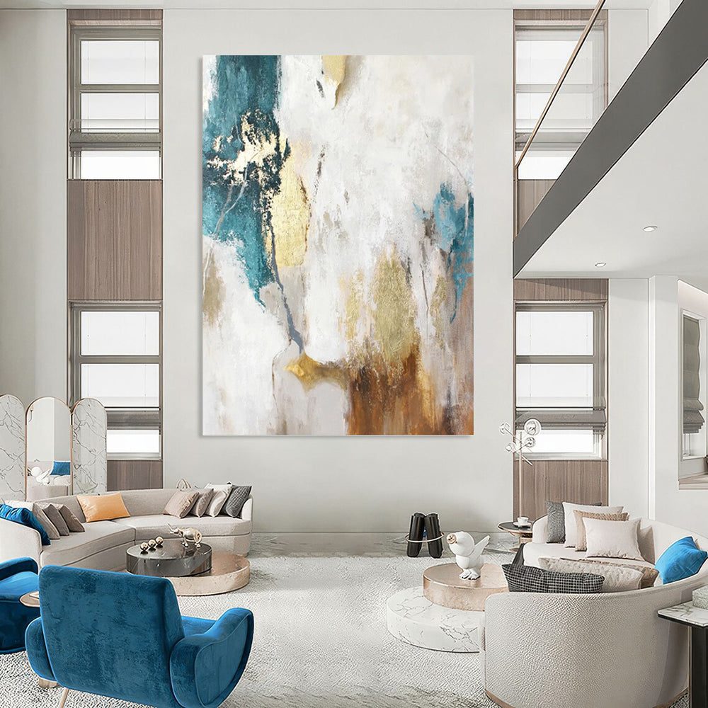 “Turquoise, Gold & White Abstract” - Turquoise, Gold & White Tropical - Inspired Painting On Canvas DKH1014