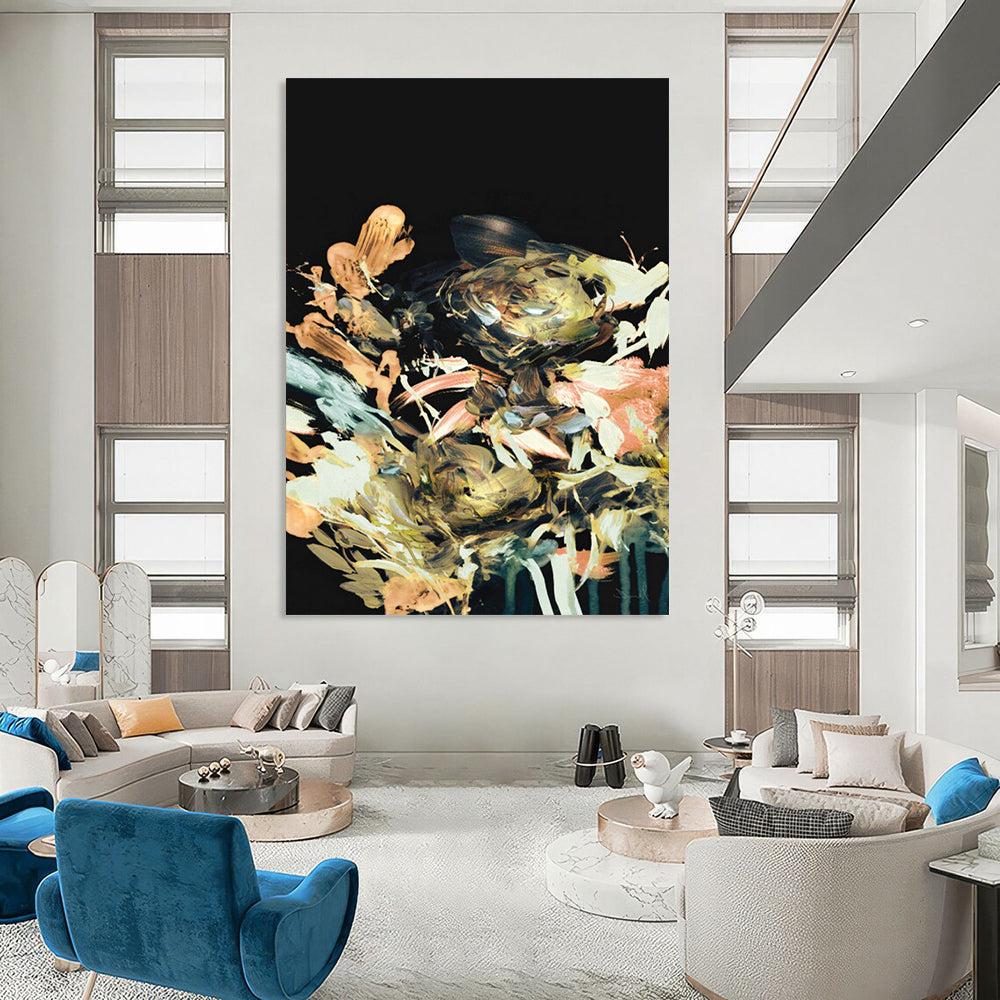 “Gilded Floral Burst on Black” - Impressionistic Floral Painting On Canvas DTP171