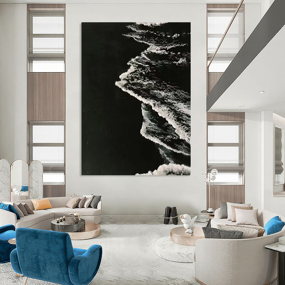“Black, White Textured Waves ‘Nocturnal Tide’” - Impasto Monochrome Sea Painting On Canvas DTP349