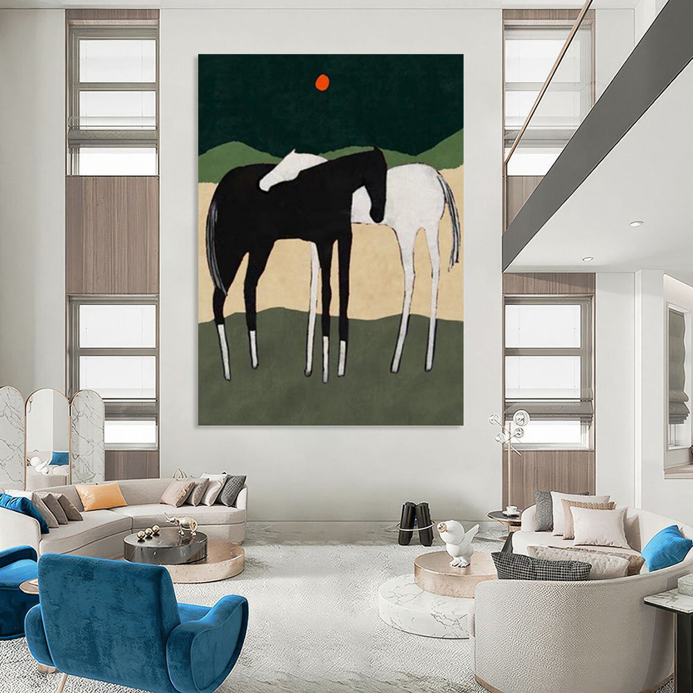 Horses in Landscape with Red Sun - Equine Landscape Painting On Canvas DKH1412