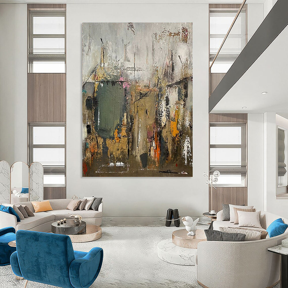 “Urban Abstract Layers” - Gray, Green, Orange & Pink Abstract Cityscape Painting DKH1038