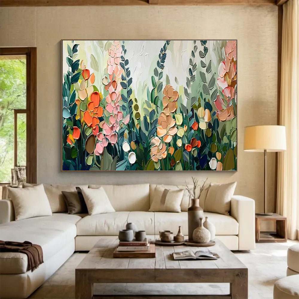 “Colorful Impasto Floral Field” - Textured Botanical Painting On Canvas DKH801