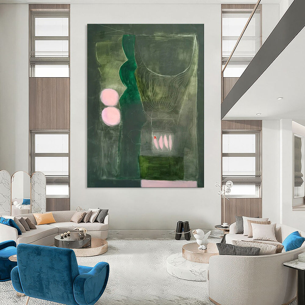 Green, Grey, Pink Accents - "Mystic Stillness" - Abstract Surrealist Painting CT1846