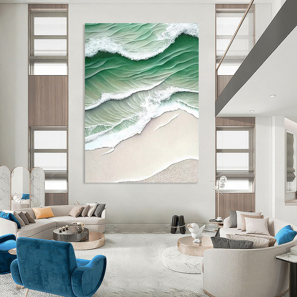 “Green - White Wave Aerial” - Green, White, Beige Coastal Aerial Painting On Canvas DTP290
