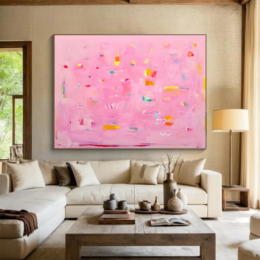 Pink Abstract with Colorful Accents - Playful Shapes and Soft Hues Painting On Canvas DKH051