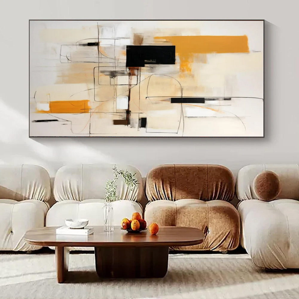 Beige, Orange, Black & White Geometric Abstraction - "Linear Harmony" - Abstract Acrylic Painting CT1461