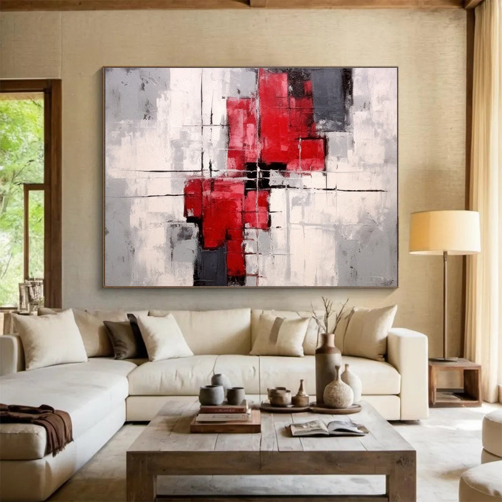 Red Gray and White Geometric Forms Structured Abstract Composition Painting On Canvas DKH269