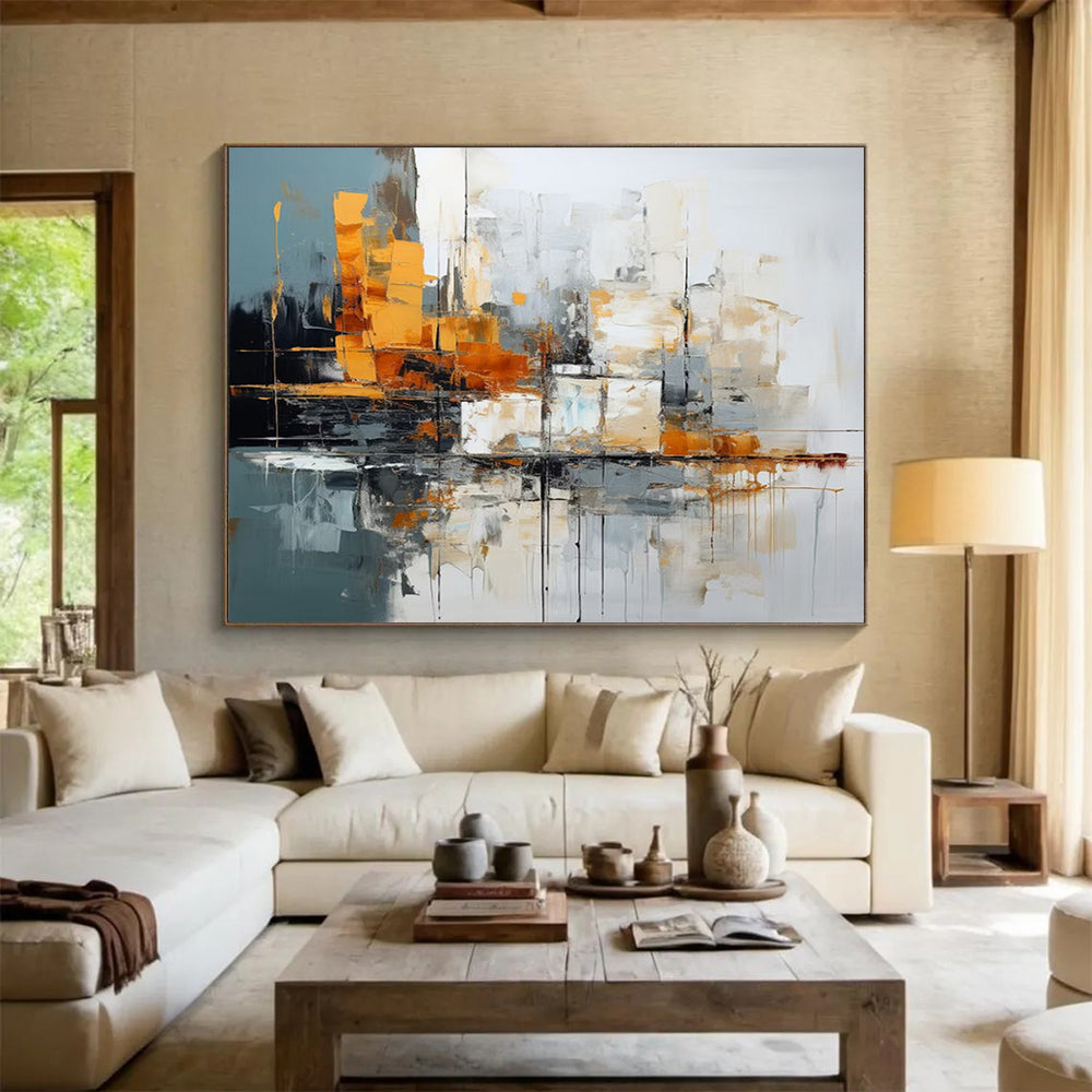 “Gray, Orange, White Urban ‘Cityscape Rhythm’” - Abstract Cityscape Painting On Canvas DLZ002