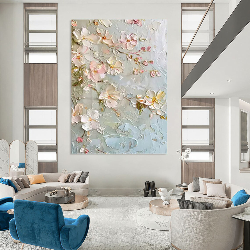 Light Blue and Pink Floral Blossom - Textured Flower Painting On Canvas DKH1392