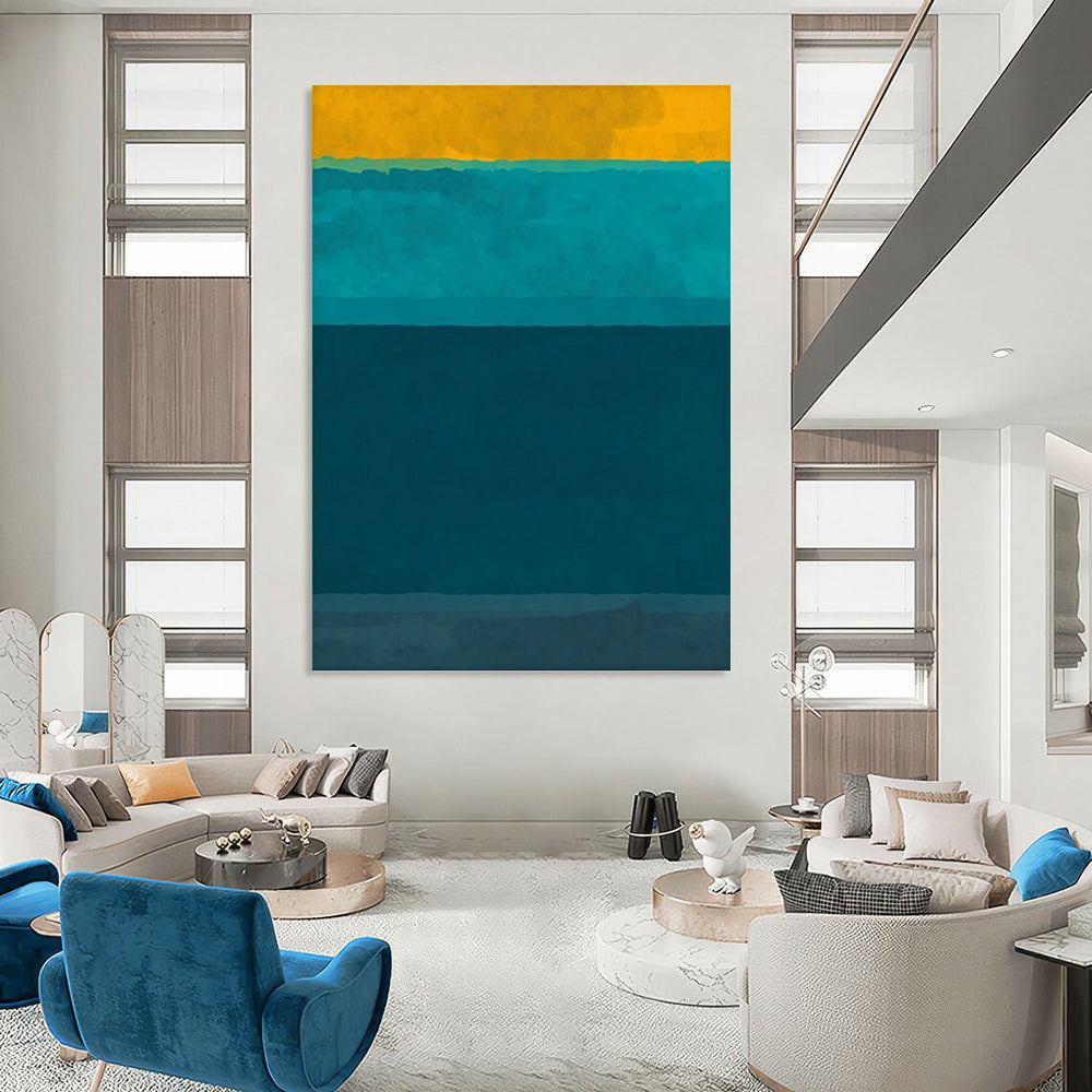 “Sunny Yellow & Ocean - Blue Stripes” - Minimalist Color - Block Painting On Canvas DKH1623