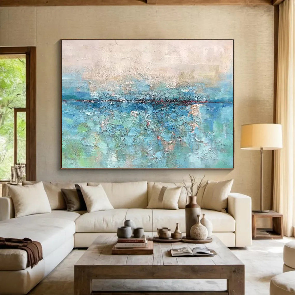 “Blue & Green Textured Waterscape” Impasto Landscape Painting On Canvas DKH355
