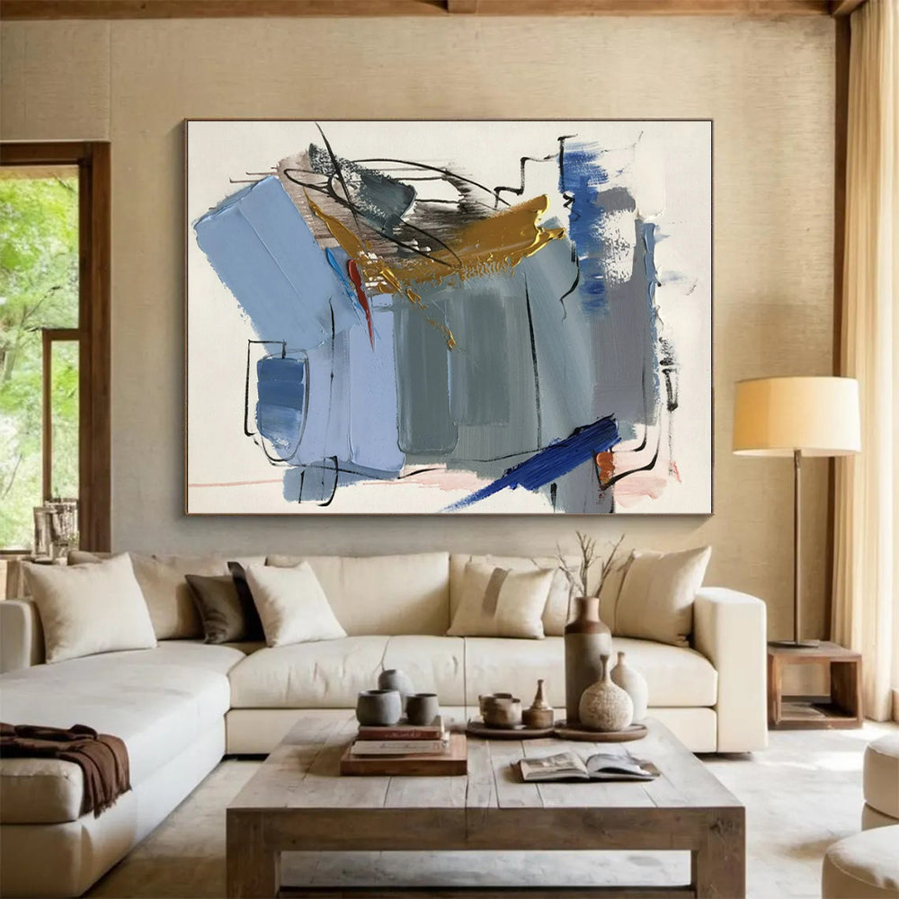 “Blue - Gray - Gold Abstract Fusion” ,Abstract Acrylic Painting CT0804
