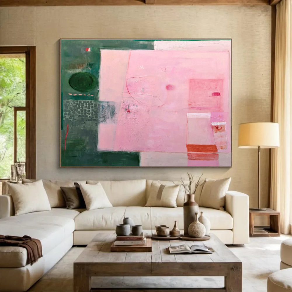 Abstract with Pink and Green - Layered Textures and Subtle Details Painting On Canvas DKH060