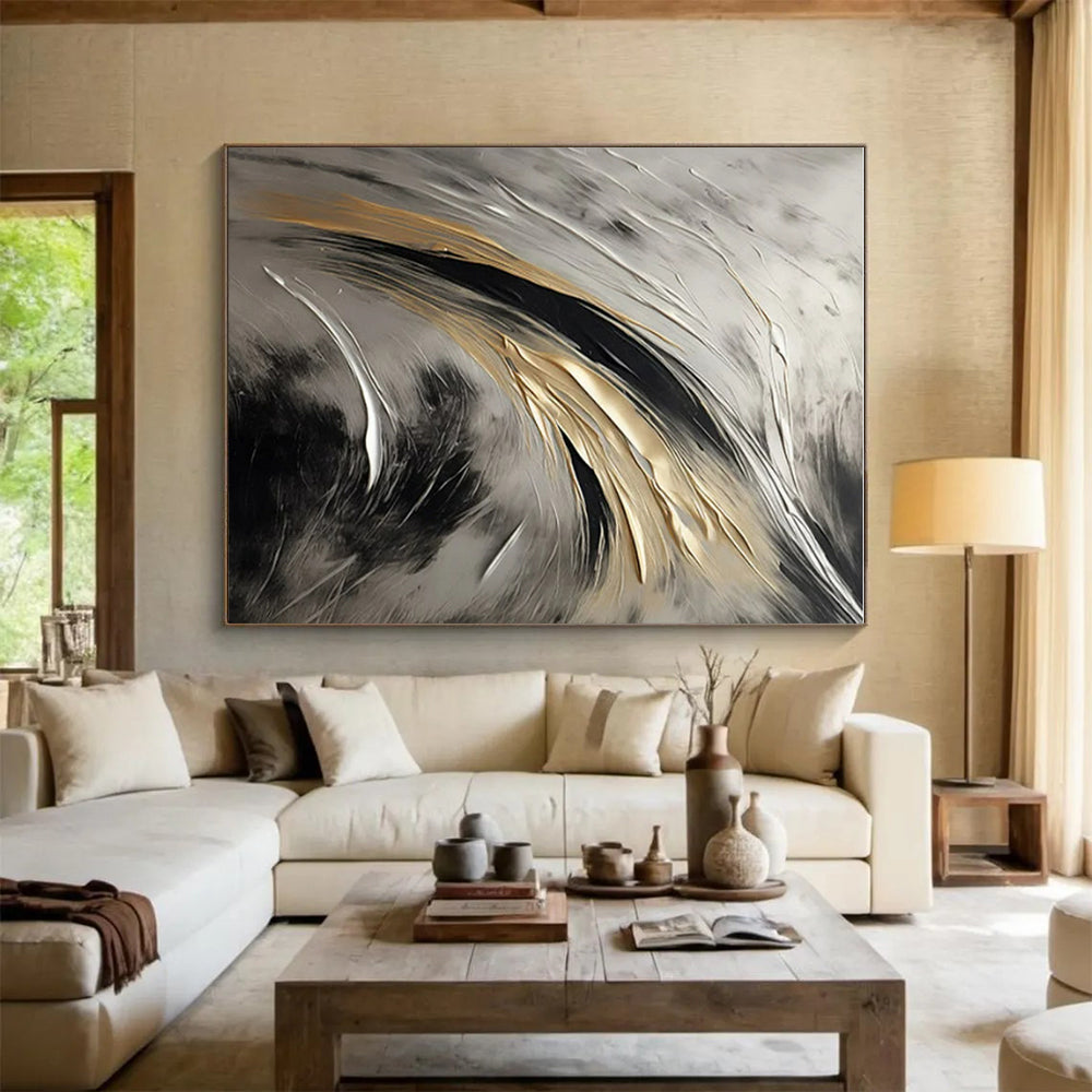 “Gray - Black - Gold Flowing Textures” ,Abstract Acrylic Painting CT0834