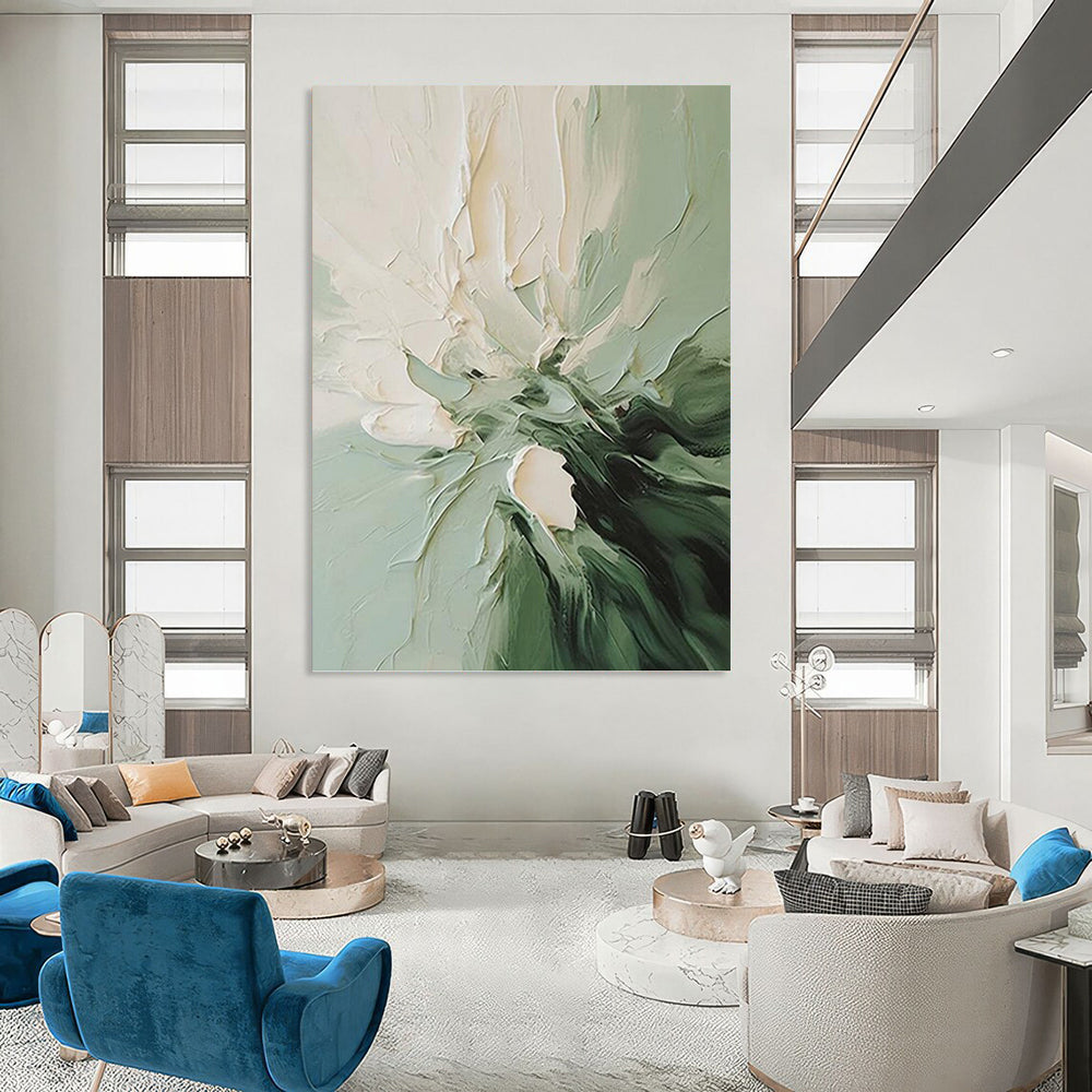 “Green & White Floral Impasto” - Green & White Textured Flower Painting On Canvas DKH1185