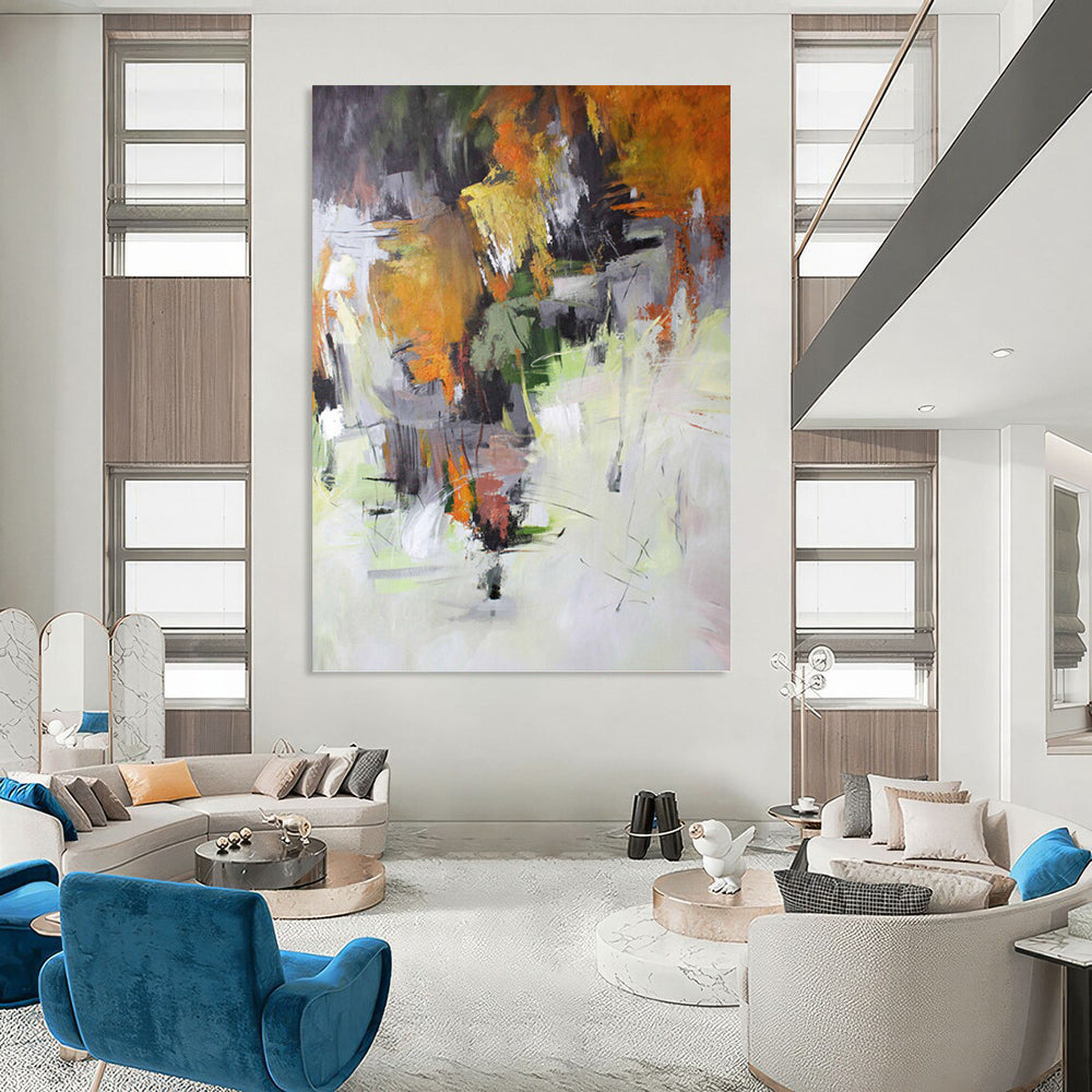 “Autumn - Hued Abstract Landscape” - Orange, Green, Gray & White Seasonal Painting On Canvas DKH1021