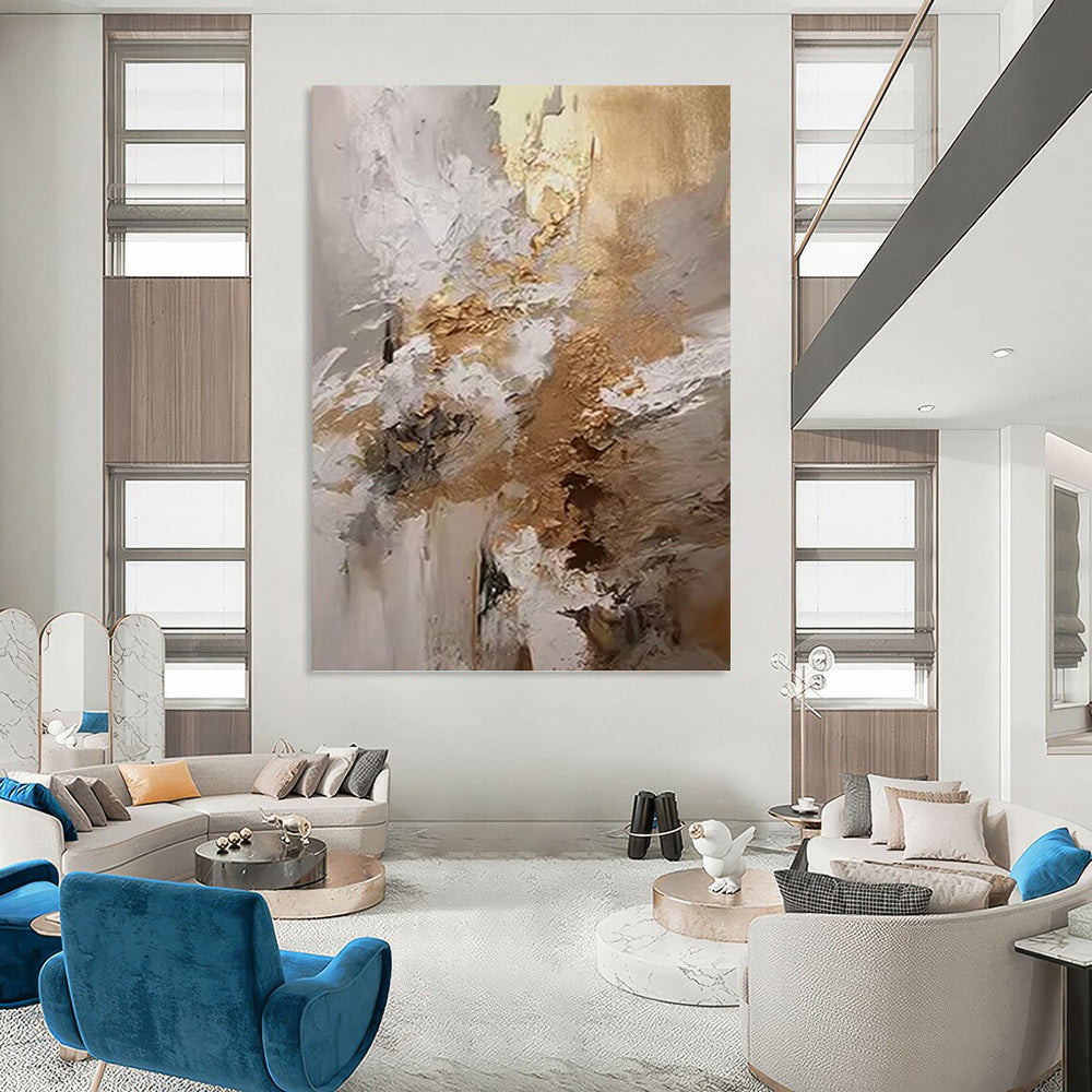 Gold & White Textured Blend - Abstract Impasto Painting On Canvas DKH1246