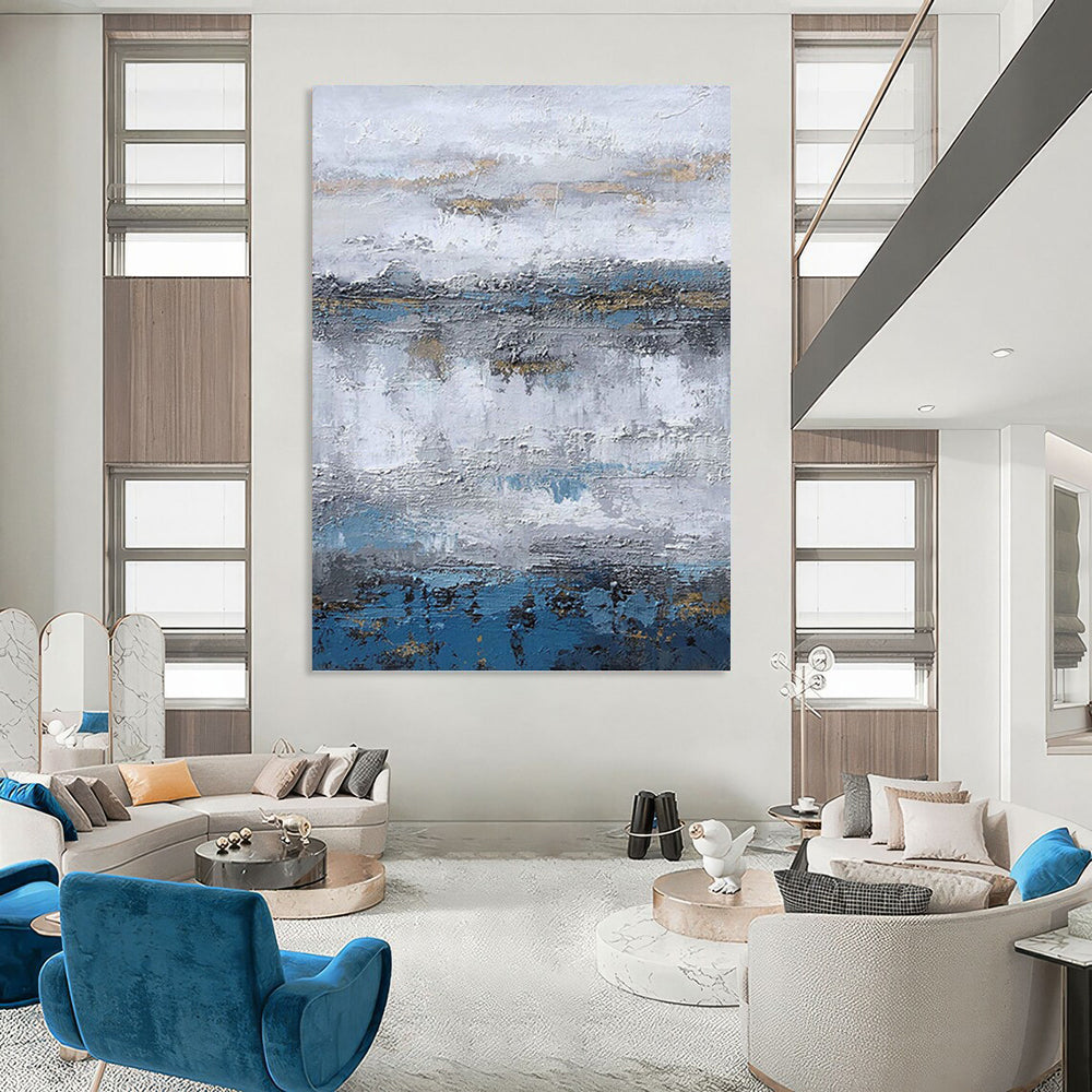 “Gray - Blue - Gold Textured Abstract Landscape” Painting On Canvas DKH1226