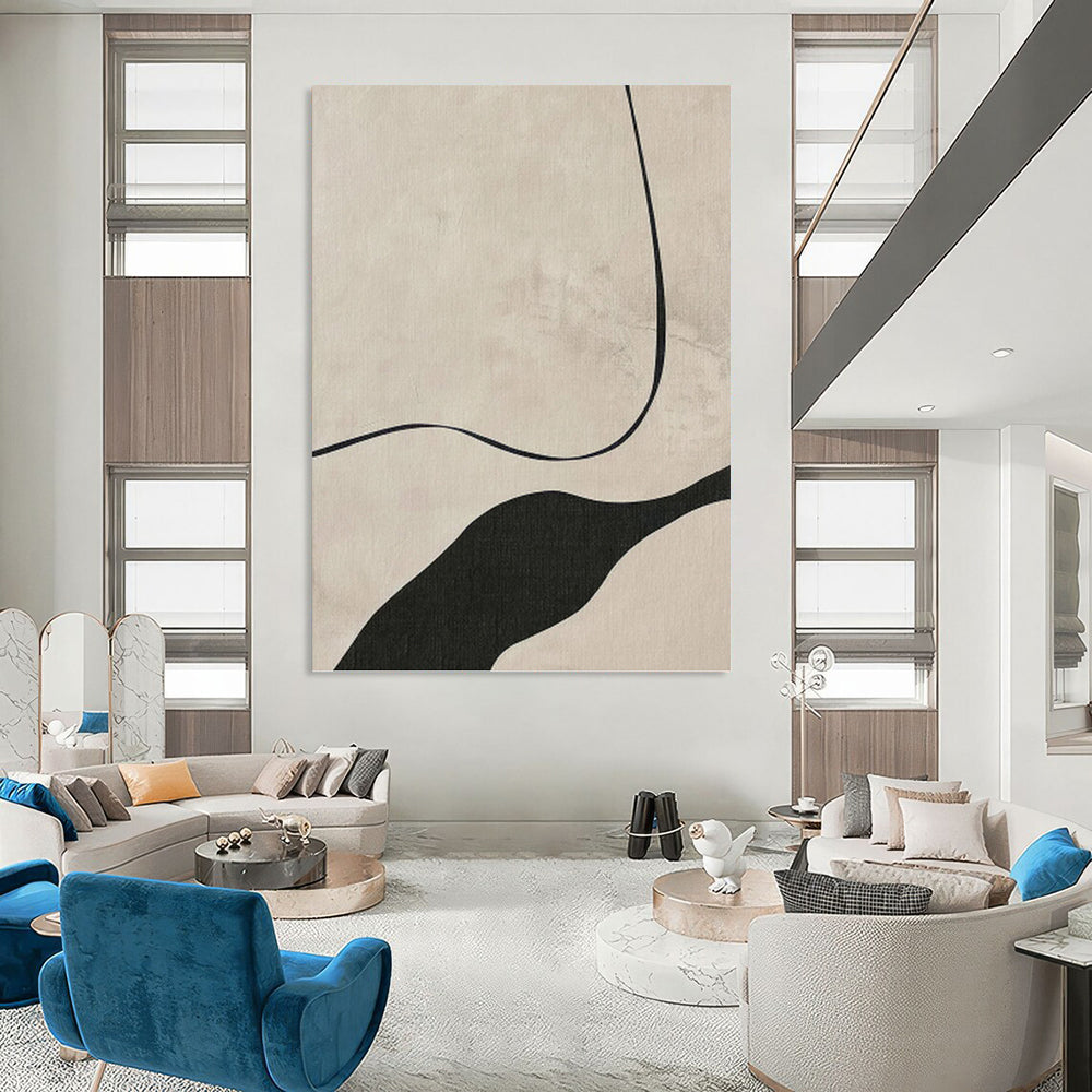 Beige & Black Curves - Minimalist Flow Painting On Canvas DKH1148