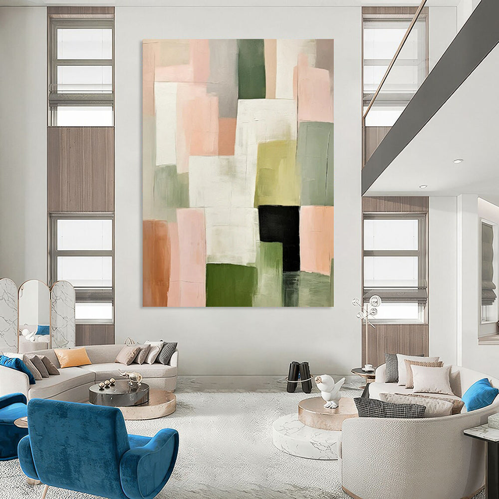Neutral & Green Geometric Blocks - Modernist Geometry - Based Painting On Canvas CT2260