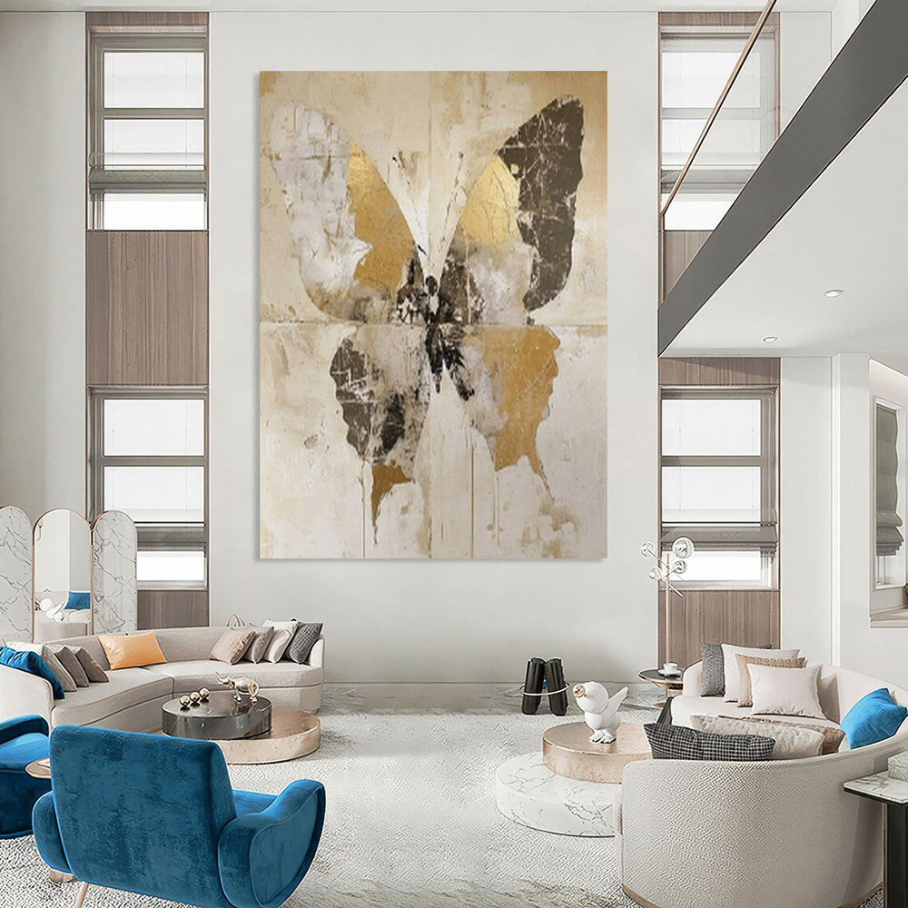 “Vintage Gold Butterfly” - Gold, Gray & Brown Butterfly Painting On Canvas CT2206